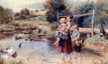 Children Paddling In A Stream Victorian Myles Birket Foster pet kids